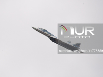 Russia's Su-57 stealth fighter performs at the 2024 Zhuhai Air Show in Zhuhai, China, on November 14, 2024. (