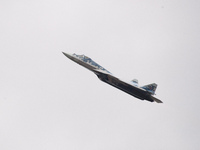 Russia's Su-57 stealth fighter performs at the 2024 Zhuhai Air Show in Zhuhai, China, on November 14, 2024. (