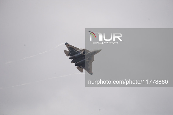 Russia's Su-57 stealth fighter performs at the 2024 Zhuhai Air Show in Zhuhai, China, on November 14, 2024. 