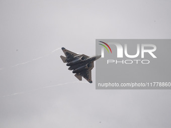 Russia's Su-57 stealth fighter performs at the 2024 Zhuhai Air Show in Zhuhai, China, on November 14, 2024. (