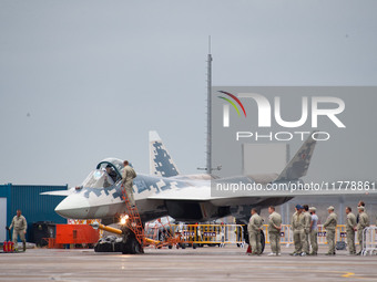 Russia's Su-57 stealth fighter is at the 2024 Zhuhai Air Show in Zhuhai, China, on November 14, 2024. (