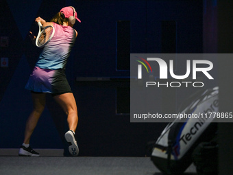 RIYADH, SAUDI ARABIA - NOVEMBER 07: Iga Swiatek of Poland seen before her match against Daria Kasatkina, on Day 6 of the 2024 WTA Finals, pa...