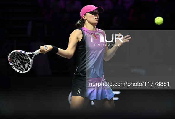 RIYADH, SAUDI ARABIA - NOVEMBER 07: Iga Swiatek of Poland during her match against Daria Kasatkina, on Day 6 of the 2024 WTA Finals, part of...