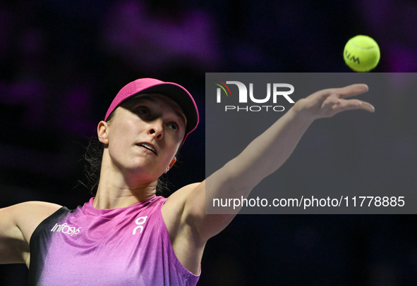 RIYADH, SAUDI ARABIA - NOVEMBER 07: Iga Swiatek of Poland during her match against Daria Kasatkina, on Day 6 of the 2024 WTA Finals, part of...