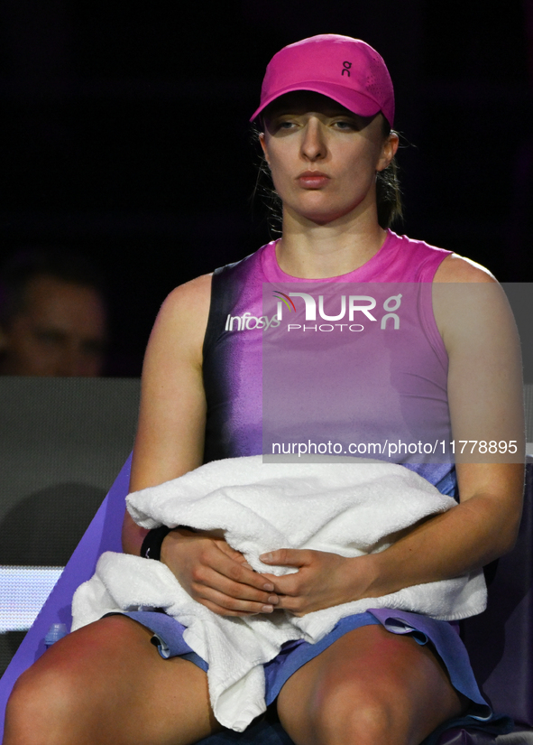 RIYADH, SAUDI ARABIA - NOVEMBER 07: Iga Swiatek of Poland during her match against Daria Kasatkina, on Day 6 of the 2024 WTA Finals, part of...