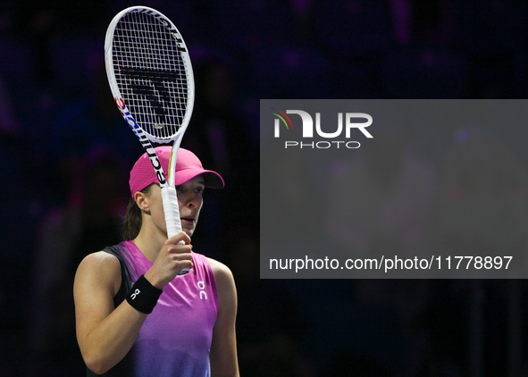 RIYADH, SAUDI ARABIA - NOVEMBER 07: Iga Swiatek of Poland during her match against Daria Kasatkina, on Day 6 of the 2024 WTA Finals, part of...