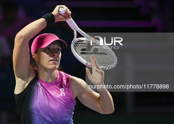 RIYADH, SAUDI ARABIA - NOVEMBER 07: Iga Swiatek of Poland during her match against Daria Kasatkina, on Day 6 of the 2024 WTA Finals, part of...