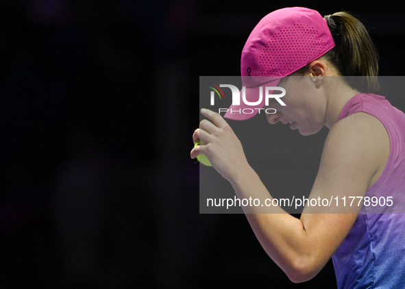 RIYADH, SAUDI ARABIA - NOVEMBER 07: Iga Swiatek of Poland during her match against Daria Kasatkina, on Day 6 of the 2024 WTA Finals, part of...