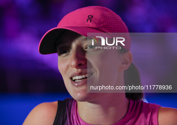 RIYADH, SAUDI ARABIA - NOVEMBER 07: Iga Swiatek of Poland speaks to the media after winning her match against Daria Kasatkina, on Day 6 of t...