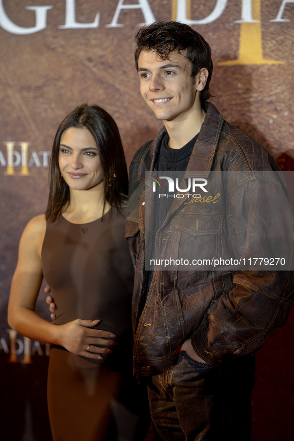 Aurora Giovinazzo and Francesco Gheghi attend the ''Gladiator II'' (Il Gladiatore II) special screening red carpet at Auditorium Parco Della...