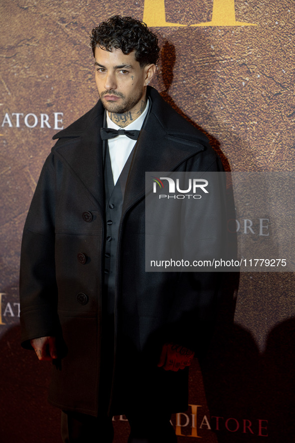 Tony Effe attends the ''Gladiator II'' (Il Gladiatore II) special screening red carpet at Auditorium Parco Della Musica in Rome, Italy, on N...