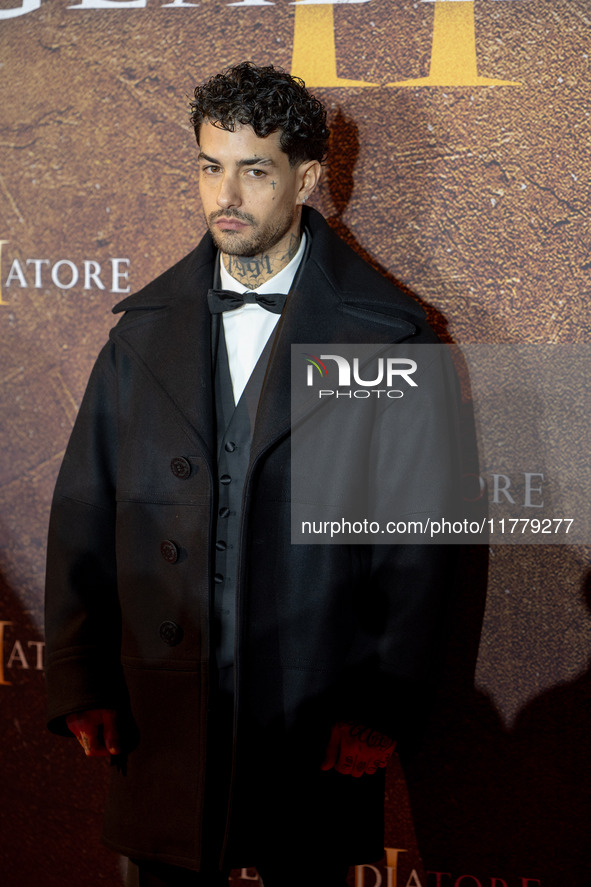 Tony Effe attends the ''Gladiator II'' (Il Gladiatore II) special screening red carpet at Auditorium Parco Della Musica in Rome, Italy, on N...