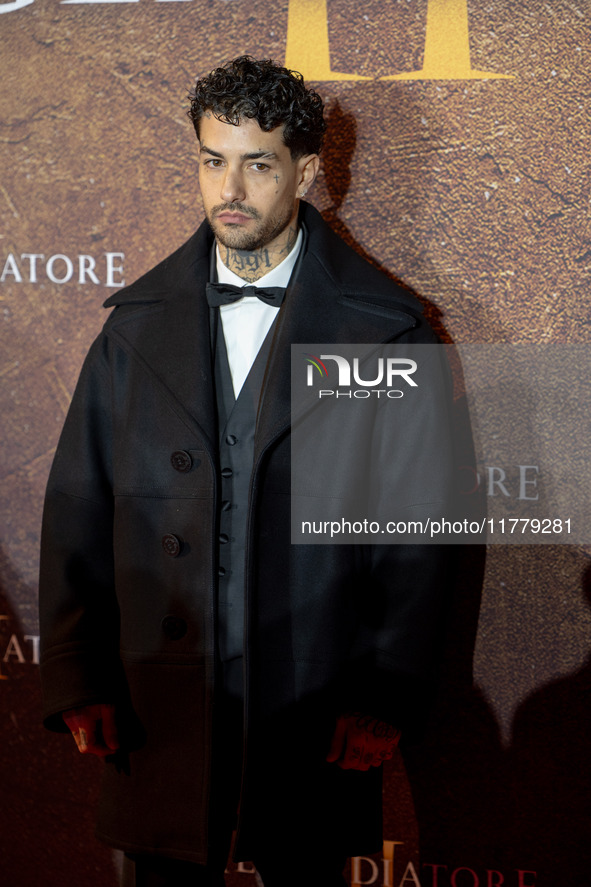 Tony Effe attends the ''Gladiator II'' (Il Gladiatore II) special screening red carpet at Auditorium Parco Della Musica in Rome, Italy, on N...