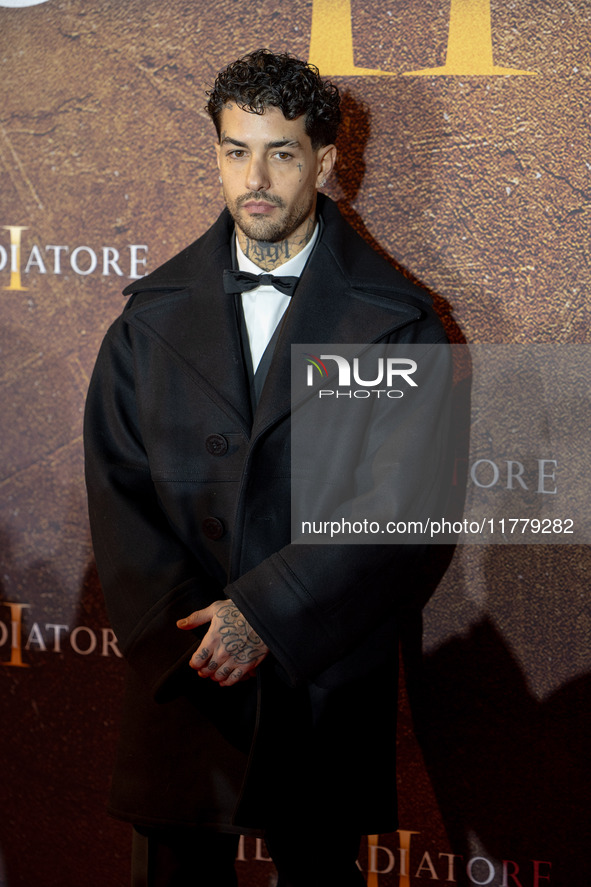 Tony Effe attends the ''Gladiator II'' (Il Gladiatore II) special screening red carpet at Auditorium Parco Della Musica in Rome, Italy, on N...