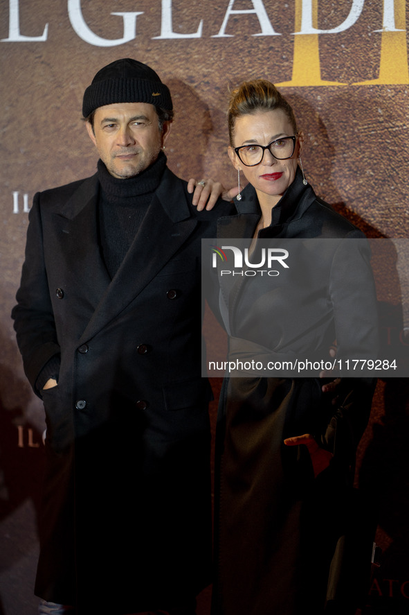 Vinicio Marchioni and Milena Mancini attend the ''Gladiator II'' (Il Gladiatore II) special screening red carpet at Auditorium Parco Della M...