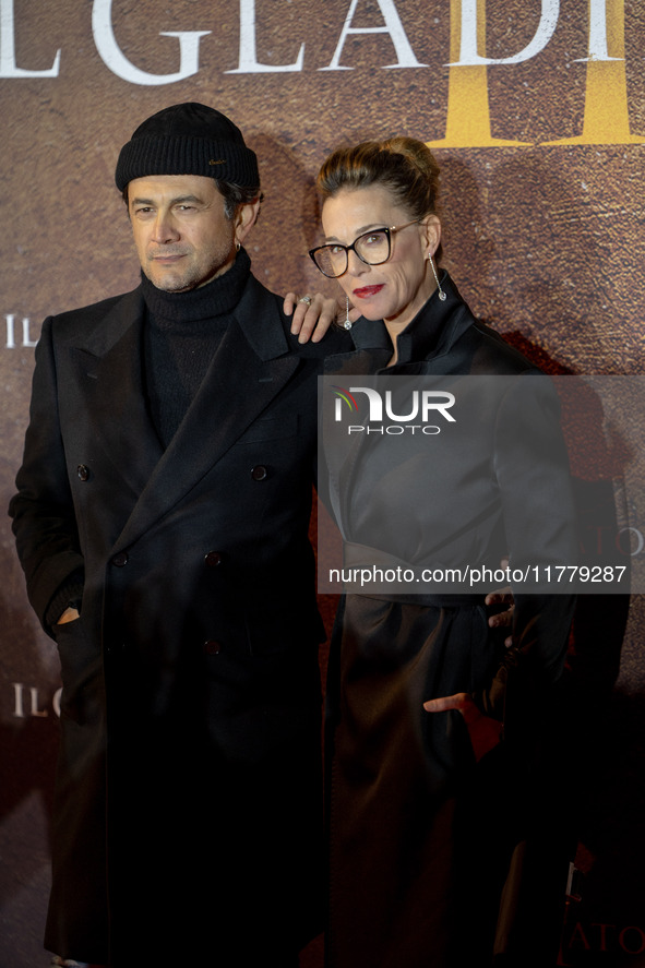 Vinicio Marchioni and Milena Mancini attend the ''Gladiator II'' (Il Gladiatore II) special screening red carpet at Auditorium Parco Della M...