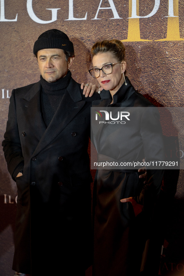 Vinicio Marchioni and Milena Mancini attend the ''Gladiator II'' (Il Gladiatore II) special screening red carpet at Auditorium Parco Della M...