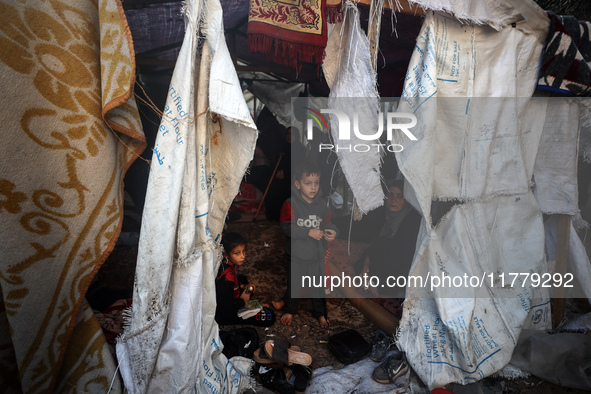 A child observes as Palestinians inspect the site of an Israeli strike on tents of displaced people in Deir Al-Balah, Gaza Strip, on Novembe...