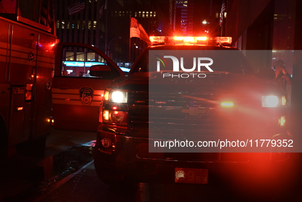 FDNY firefighters respond to a commercial high-rise fire on West 48th Street in Manhattan, New York, United States, on November 15, 2024. Th...