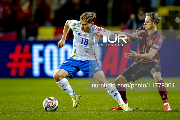 Italy midfielder Nicolo Barella and Belgium midfielder Leandro Trossard play during the match between Belgium and Italy at the King Baudouin...