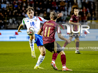 Italy midfielder Nicolo Barella and Belgium midfielder Leandro Trossard play during the match between Belgium and Italy at the King Baudouin...