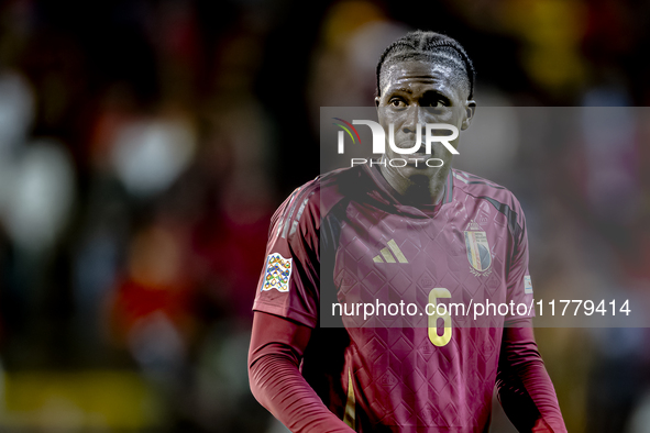 Belgium midfielder Amadou Onana plays during the match between Belgium and Italy at the King Baudouin Stadium for the UEFA Nations League -...