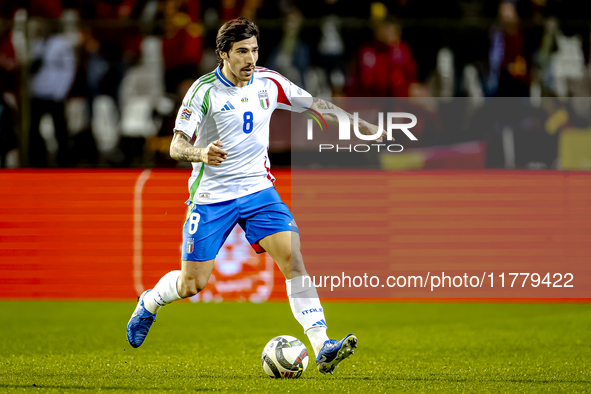 Italy midfielder Sandro Tonali plays during the match between Belgium and Italy at the King Baudouin Stadium for the UEFA Nations League - L...