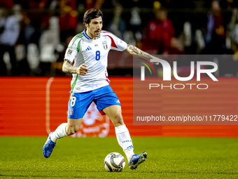 Italy midfielder Sandro Tonali plays during the match between Belgium and Italy at the King Baudouin Stadium for the UEFA Nations League - L...