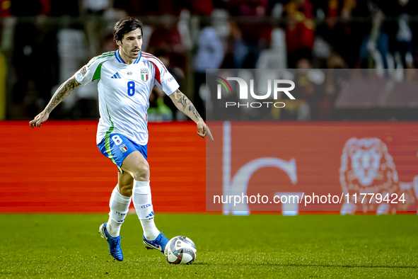 Italy midfielder Sandro Tonali plays during the match between Belgium and Italy at the King Baudouin Stadium for the UEFA Nations League - L...