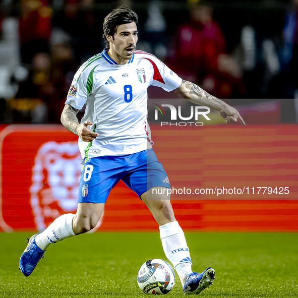 Italy midfielder Sandro Tonali plays during the match between Belgium and Italy at the King Baudouin Stadium for the UEFA Nations League - L...