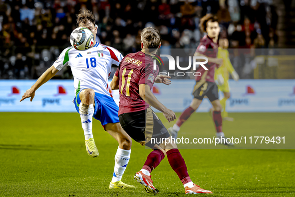 Italy midfielder Nicolo Barella and Belgium midfielder Leandro Trossard play during the match between Belgium and Italy at the King Baudouin...