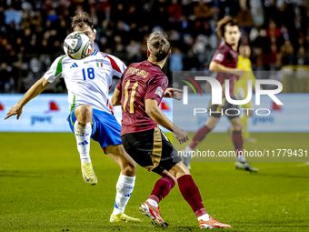 Italy midfielder Nicolo Barella and Belgium midfielder Leandro Trossard play during the match between Belgium and Italy at the King Baudouin...