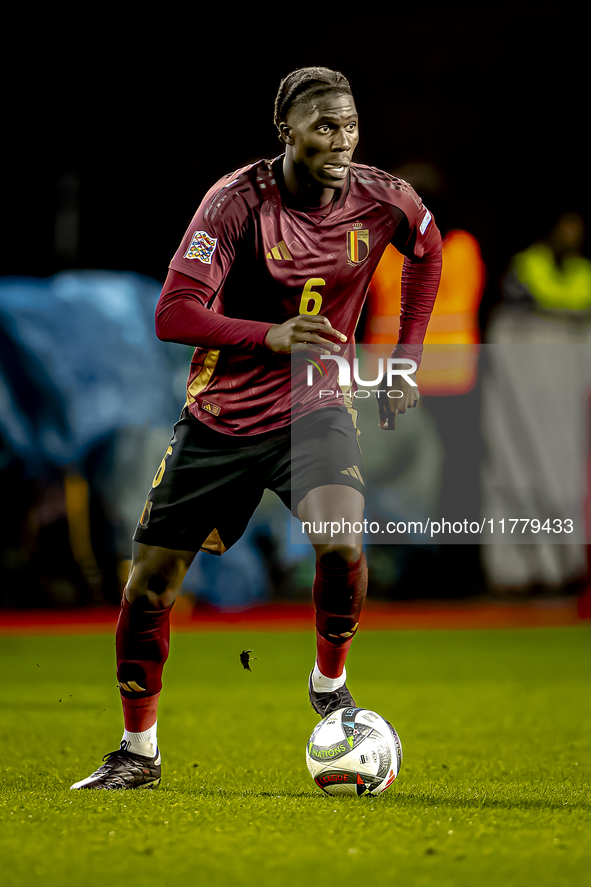 Belgium midfielder Amadou Onana plays during the match between Belgium and Italy at the King Baudouin Stadium for the UEFA Nations League -...