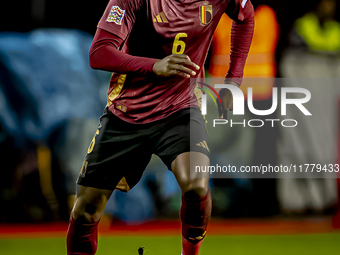 Belgium midfielder Amadou Onana plays during the match between Belgium and Italy at the King Baudouin Stadium for the UEFA Nations League -...