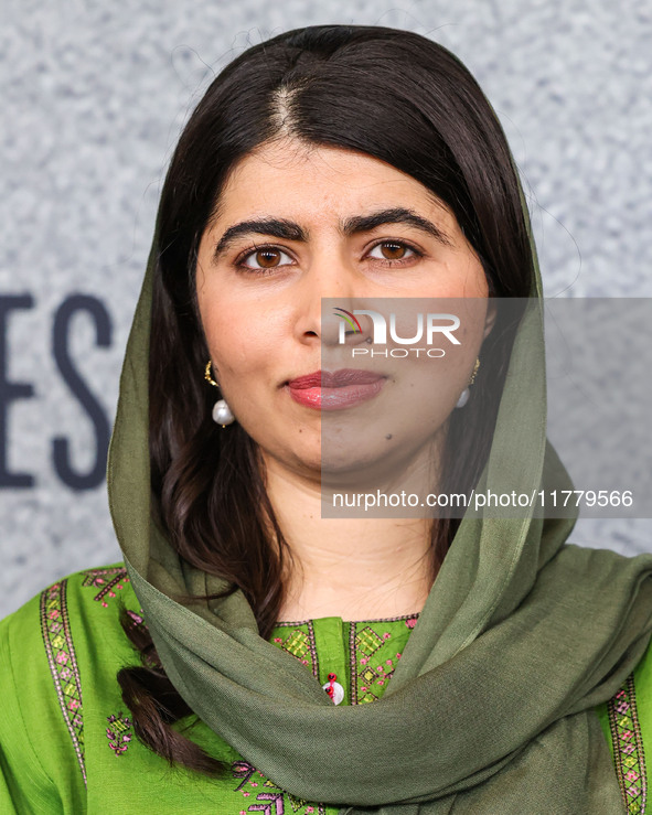 Malala Yousafzai arrives at the Los Angeles Premiere Of Apple Original Films' 'Bread And Roses' held at the Hammer Museum on November 14, 20...