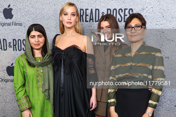 Malala Yousafzai, Jennifer Lawrence, Justine Ciarrocchi and Sahra Mani arrive at the Los Angeles Premiere Of Apple Original Films' 'Bread An...