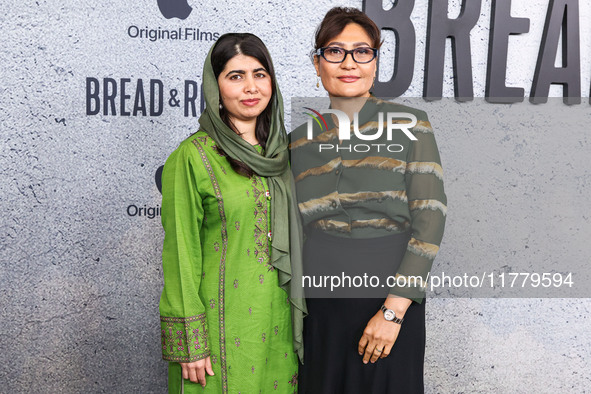 Malala Yousafzai and Sahra Mani arrive at the Los Angeles Premiere Of Apple Original Films' 'Bread And Roses' held at the Hammer Museum on N...