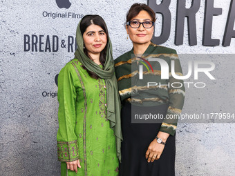 Malala Yousafzai and Sahra Mani arrive at the Los Angeles Premiere Of Apple Original Films' 'Bread And Roses' held at the Hammer Museum on N...