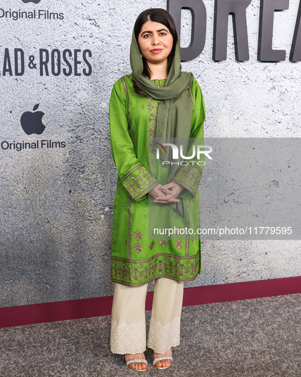 Malala Yousafzai arrives at the Los Angeles Premiere Of Apple Original Films' 'Bread And Roses' held at the Hammer Museum on November 14, 20...