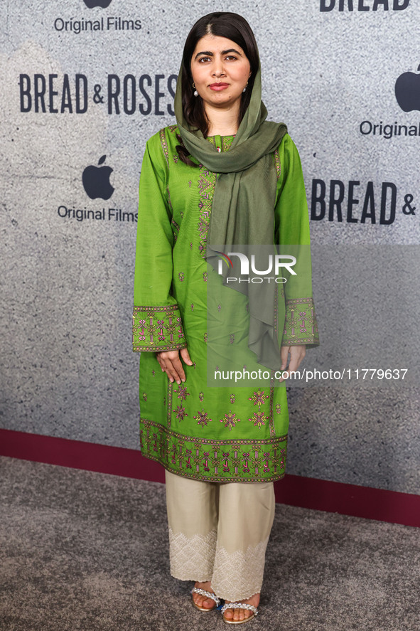 Malala Yousafzai arrives at the Los Angeles Premiere Of Apple Original Films' 'Bread And Roses' held at the Hammer Museum on November 14, 20...