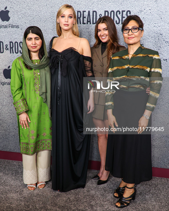 Malala Yousafzai, Jennifer Lawrence, Justine Ciarrocchi and Sahra Mani arrive at the Los Angeles Premiere Of Apple Original Films' 'Bread An...