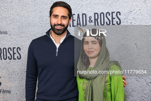 Asser Malik and wife Malala Yousafzai arrive at the Los Angeles Premiere Of Apple Original Films' 'Bread And Roses' held at the Hammer Museu...