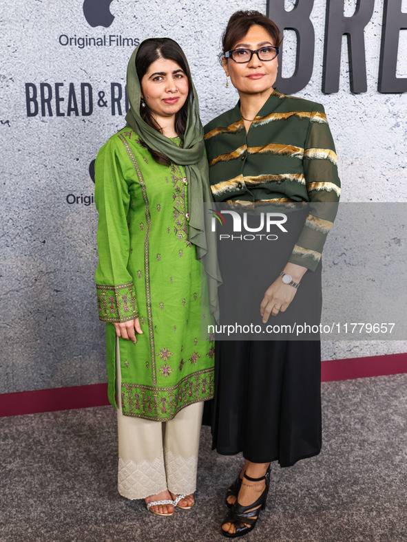 Malala Yousafzai and Sahra Mani arrive at the Los Angeles Premiere Of Apple Original Films' 'Bread And Roses' held at the Hammer Museum on N...