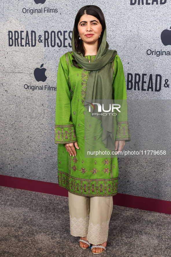 Malala Yousafzai arrives at the Los Angeles Premiere Of Apple Original Films' 'Bread And Roses' held at the Hammer Museum on November 14, 20...