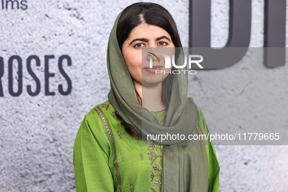 Malala Yousafzai arrives at the Los Angeles Premiere Of Apple Original Films' 'Bread And Roses' held at the Hammer Museum on November 14, 20...