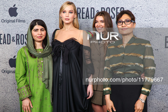 Malala Yousafzai, Jennifer Lawrence, Justine Ciarrocchi and Sahra Mani arrive at the Los Angeles Premiere Of Apple Original Films' 'Bread An...