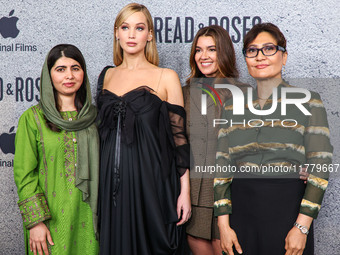 Malala Yousafzai, Jennifer Lawrence, Justine Ciarrocchi and Sahra Mani arrive at the Los Angeles Premiere Of Apple Original Films' 'Bread An...