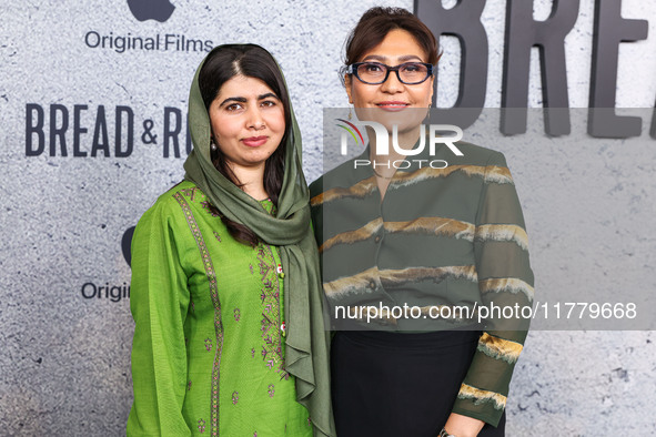 Malala Yousafzai and Sahra Mani arrive at the Los Angeles Premiere Of Apple Original Films' 'Bread And Roses' held at the Hammer Museum on N...