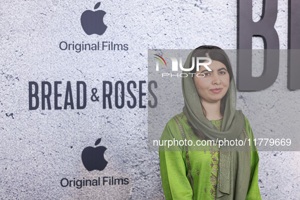 Malala Yousafzai arrives at the Los Angeles Premiere Of Apple Original Films' 'Bread And Roses' held at the Hammer Museum on November 14, 20...