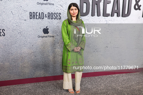 Malala Yousafzai arrives at the Los Angeles Premiere Of Apple Original Films' 'Bread And Roses' held at the Hammer Museum on November 14, 20...